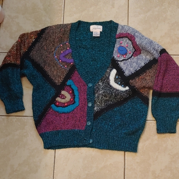 Jaclyn Smith Sweaters - VTG Jaclyn Smith Abstract Chunky Knit Cardigan Patchwork Sweater Women's Size L
